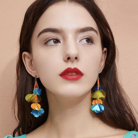 Multi Color Dangle Earrings Orange Blue Yellow - Picture 1 of 4